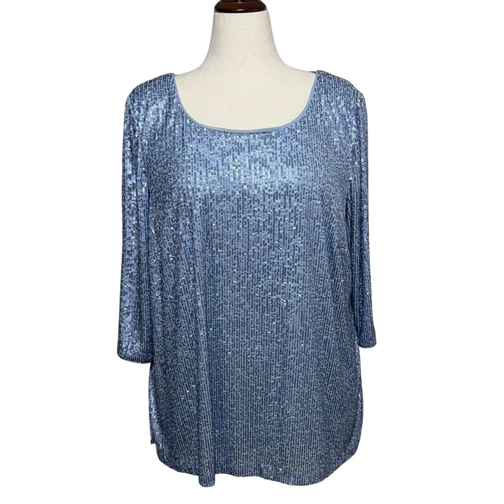 Alex Evenings Top Womens 2X Blue Sequins 3/4 Sleeve Pullover Stretch Party Glam